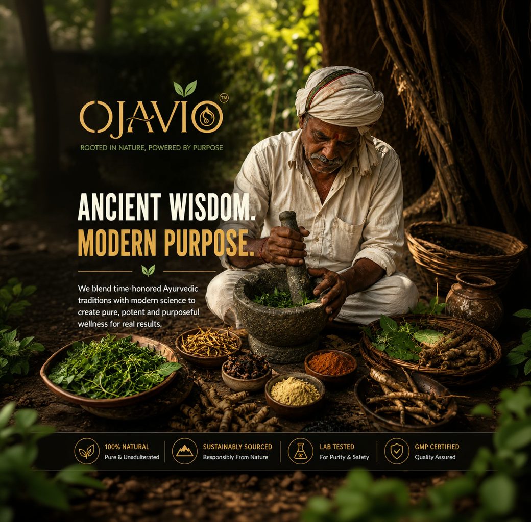 Man using a mortar and pestle with Ayurvedic ingredients, Ojavio brand displayed.